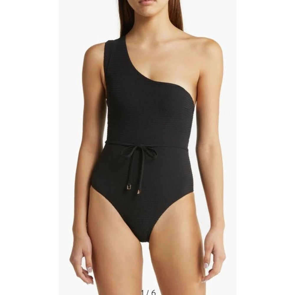 Sea Level Swim Messina US 4 Black Textured One Shoulder Tie Waist Resort